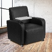 Black LeatherSoft Guest Chair with Tablet Arm, Front Wheel Casters and Cup Holder, BT-8217-BK-CS-GG