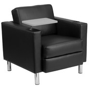 Black LeatherSoft Guest Chair with Tablet Arm, Tall Chrome Legs and Cup Holder, BT-8219-BK-GG