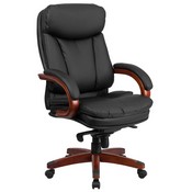 High Back Black LeatherSoft Executive Ergonomic Office Chair with Synchro-Tilt Mechanism, Mahogany Wood Base and Arms, BT-90171H-S-GG