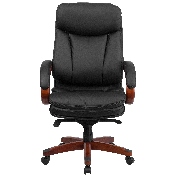 High Back Black LeatherSoft Executive Ergonomic Office Chair with Synchro-Tilt Mechanism, Mahogany Wood Base and Arms, BT-90171H-S-GG