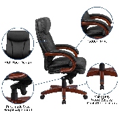 High Back Black LeatherSoft Executive Ergonomic Office Chair with Synchro-Tilt Mechanism, Mahogany Wood Base and Arms, BT-90171H-S-GG