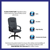 High Back Gray Fabric Executive Swivel Office Chair with Arms, BT-9022-BK-GG