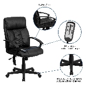 High Back Ergonomic Massaging Black LeatherSoft Executive Swivel Office Chair with Side Remote Pocket and Arms, BT-9578P-GG