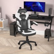 X10 Gaming Chair Racing Office Computer PC Adjustable Chair with Flip-up Arms and Transparent Roller Wheels, White/Black LeatherSoft, CH-00095-WH-RLB-GG