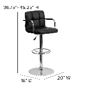 Contemporary Black Quilted Vinyl Adjustable Height Barstool with Arms and Chrome Base, CH-102029-BK-GG