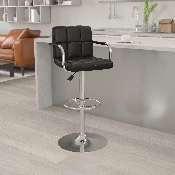 Contemporary Black Quilted Vinyl Adjustable Height Barstool with Arms and Chrome Base, CH-102029-BK-GG