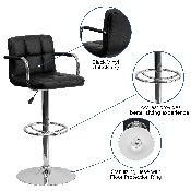 Contemporary Black Quilted Vinyl Adjustable Height Barstool with Arms and Chrome Base, CH-102029-BK-GG