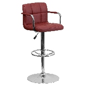 Contemporary Burgundy Quilted Vinyl Adjustable Height Barstool with Arms and Chrome Base, CH-102029-BURG-GG