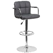 Contemporary Gray Quilted Vinyl Adjustable Height Barstool with Arms and Chrome Base, CH-102029-GY-GG