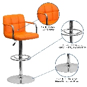 Contemporary Orange Quilted Vinyl Adjustable Height Barstool with Arms and Chrome Base, CH-102029-ORG-GG