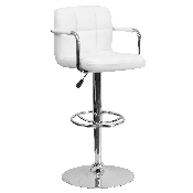 Contemporary White Quilted Vinyl Adjustable Height Barstool with Arms and Chrome Base, CH-102029-WH-GG
