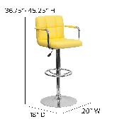 Contemporary Yellow Quilted Vinyl Adjustable Height Barstool with Arms and Chrome Base, CH-102029-YEL-GG