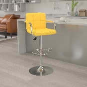 Contemporary Yellow Quilted Vinyl Adjustable Height Barstool with Arms and Chrome Base, CH-102029-YEL-GG