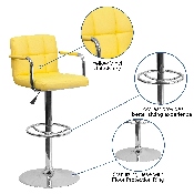 Contemporary Yellow Quilted Vinyl Adjustable Height Barstool with Arms and Chrome Base, CH-102029-YEL-GG