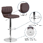 Contemporary Brown Vinyl Adjustable Height Barstool with Vertical Stitch Back and Chrome Base, CH-132330-BRN-GG