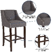 Carmel Series 30" High Transitional Walnut Barstool with Accent Nail Trim in Dark Gray Fabric, CH-182020-30-DKGY-F-GG