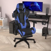 X30 Gaming Chair Racing Computer Chair with Reclining Back, Slide-Out Footrest, and Transparent Roller Wheels in Blue LeatherSoft, CH-187230-BL-RLB-GG