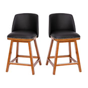 Julia Set of 2 Transitional 24 Inch LeatherSoft Upholstered Counter Stools with Silver Nailhead Trim and Walnut Finish Solid Wood Frames, Black, CH-192162X000PU-24-BK-GG