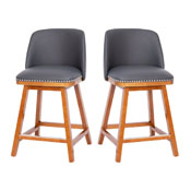 Julia Set of 2 Transitional 24 Inch LeatherSoft Upholstered Counter Stools with Silver Nailhead Trim and Walnut Finish Solid Wood Frames, Gray, CH-192162X000PU-24-GY-GG
