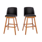 Julia Set of 2 Transitional 30 Inch LeatherSoft Upholstered Barstools with Silver Nailhead Trim and Walnut Finish Solid Wood Frames, Black, CH-192162X000PU-30-BK-GG