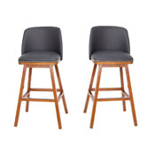 Julia Set of 2 Transitional 30 Inch LeatherSoft Upholstered Barstools with Silver Nailhead Trim and Walnut Finish Solid Wood Frames, Gray, CH-192162X000PU-30-GY-GG