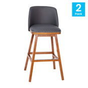 Julia Set of 2 Transitional 30 Inch LeatherSoft Upholstered Barstools with Silver Nailhead Trim and Walnut Finish Solid Wood Frames, Gray, CH-192162X000PU-30-GY-GG