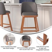 Julia Set of 2 Transitional 30 Inch LeatherSoft Upholstered Barstools with Silver Nailhead Trim and Walnut Finish Solid Wood Frames, Gray, CH-192162X000PU-30-GY-GG