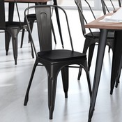 Perry Commercial Grade Black Metal Indoor-Outdoor Stackable Chair with Black Poly Resin Wood Seat, CH-31230-BK-PL1B-GG