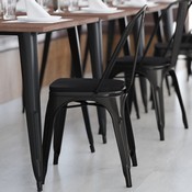 Perry Commercial Grade Black Metal Indoor-Outdoor Stackable Chair with Black Poly Resin Wood Seat, CH-31230-BK-PL1B-GG