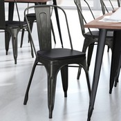Perry Commercial Grade Black-Antique Gold Metal Indoor-Outdoor Stackable Chair with Black Poly Resin Wood Seat, CH-31230-BQ-PL1B-GG