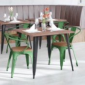 Luna Commercial Grade Green Metal Indoor-Outdoor Chair with Arms with Teak Poly Resin Wood Seat, CH-31270-GN-PL1T-GG