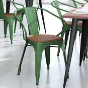 Luna Commercial Grade Green Metal Indoor-Outdoor Chair with Arms with Teak Poly Resin Wood Seat, CH-31270-GN-PL1T-GG