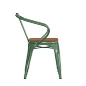 Luna Commercial Grade Green Metal Indoor-Outdoor Chair with Arms with Teak Poly Resin Wood Seat, CH-31270-GN-PL1T-GG