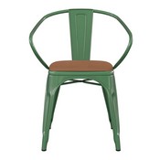 Luna Commercial Grade Green Metal Indoor-Outdoor Chair with Arms with Teak Poly Resin Wood Seat, CH-31270-GN-PL1T-GG
