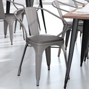 Luna Commercial Grade Silver Metal Indoor-Outdoor Chair with Arms with Gray Poly Resin Wood Seat, CH-31270-SIL-PL1G-GG