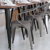Luna Commercial Grade Silver Metal Indoor-Outdoor Chair with Arms with Gray Poly Resin Wood Seat, CH-31270-SIL-PL1G-GG