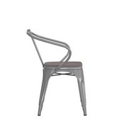Luna Commercial Grade Silver Metal Indoor-Outdoor Chair with Arms with Gray Poly Resin Wood Seat, CH-31270-SIL-PL1G-GG