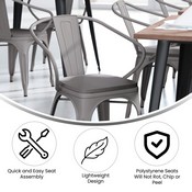 Luna Commercial Grade Silver Metal Indoor-Outdoor Chair with Arms with Gray Poly Resin Wood Seat, CH-31270-SIL-PL1G-GG