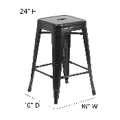 Commercial Grade 24" High Backless Black Metal Indoor-Outdoor Counter Height Stool with Square Seat, CH-31320-24-BK-GG