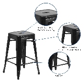 Commercial Grade 24" High Backless Black Metal Indoor-Outdoor Counter Height Stool with Square Seat, CH-31320-24-BK-GG