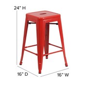 Kai Commercial Grade 24" High Backless Red Metal Indoor-Outdoor Counter Height Stool with Square Red Poly Resin Wood Seat, CH-31320-24-RED-PL2R-GG