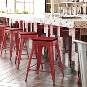 Kai Commercial Grade 24" High Backless Red Metal Indoor-Outdoor Counter Height Stool with Square Red Poly Resin Wood Seat, CH-31320-24-RED-PL2R-GG