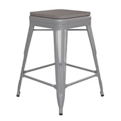 Kai Commercial Grade 24" High Backless Silver Metal Indoor-Outdoor Counter Height Stool with Square Gray Poly Resin Wood Seat, CH-31320-24-SIL-PL2G-GG
