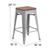 Kai Commercial Grade 24" High Backless Silver Metal Indoor-Outdoor Counter Height Stool with Square Gray Poly Resin Wood Seat, CH-31320-24-SIL-PL2G-GG