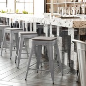 Kai Commercial Grade 24" High Backless Silver Metal Indoor-Outdoor Counter Height Stool with Square Gray Poly Resin Wood Seat, CH-31320-24-SIL-PL2G-GG