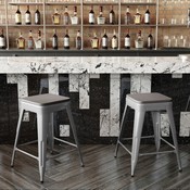 Kai Commercial Grade 24" High Backless Silver Metal Indoor-Outdoor Counter Height Stool with Square Gray Poly Resin Wood Seat, CH-31320-24-SIL-PL2G-GG