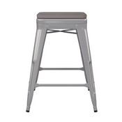 Kai Commercial Grade 24" High Backless Silver Metal Indoor-Outdoor Counter Height Stool with Square Gray Poly Resin Wood Seat, CH-31320-24-SIL-PL2G-GG