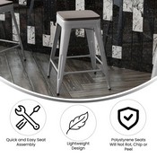 Kai Commercial Grade 24" High Backless Silver Metal Indoor-Outdoor Counter Height Stool with Square Gray Poly Resin Wood Seat, CH-31320-24-SIL-PL2G-GG