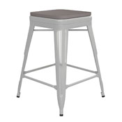 Kai Commercial Grade 24" High Backless White Metal Indoor-Outdoor Counter Height Stool with Square Gray Poly Resin Wood Seat, CH-31320-24-WH-PL2G-GG