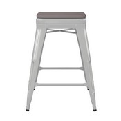 Kai Commercial Grade 24" High Backless White Metal Indoor-Outdoor Counter Height Stool with Square Gray Poly Resin Wood Seat, CH-31320-24-WH-PL2G-GG